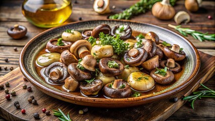 Fototapeta premium Freshly cooked earthy mushrooms of various shapes and sizes arranged artfully on a rustic ceramic plate, garnished with fresh thyme and a drizzle of olive oil.