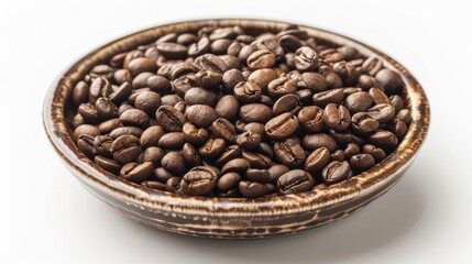 Fototapeta premium Coffee beans arranged in a dish against white backdrop