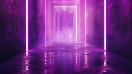 purple neon lights shine brightly in a dark room with a wet floor
