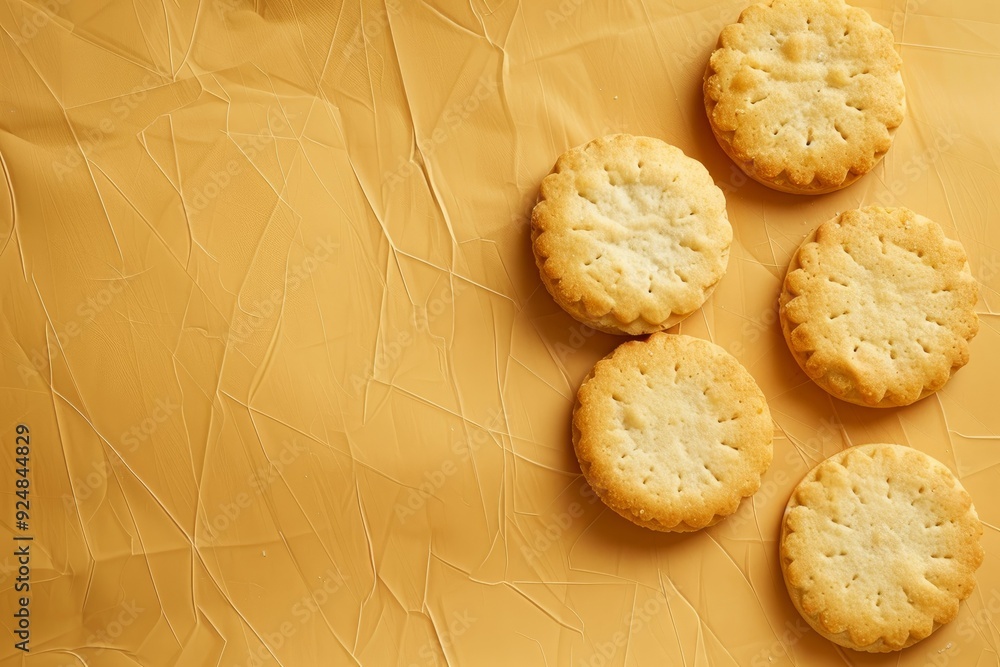 Poster five round cracker cookies with holes are lying on a crumpled yellow background with copy space