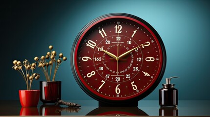 Red clock with gold hands, black frame, gold plants, red and black containers. Perfect for elegant home decor or timerelated designs.