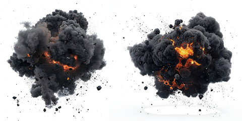 Two different smoke and fire explosions on a transparent background