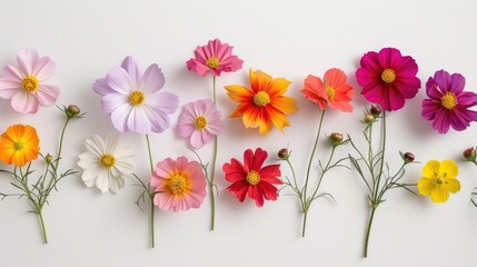 Colorful cosmos flowers seen from above on a white backdrop