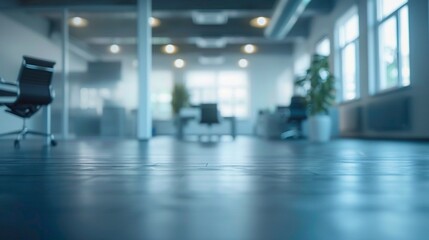 Fototapeta premium Blurred empty open space office. Abstract light bokeh at office interior background for design,generative ai