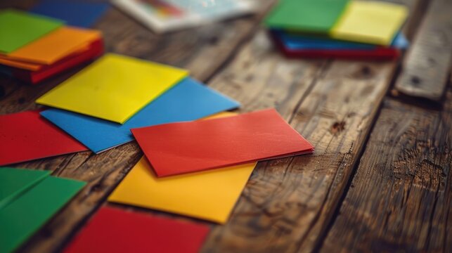 Colorful English word cards on wooden table for English prepositions practice