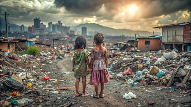 Two young girls standing amidst a slum, surrounded by debris, with a distant city skyline under a cloudy sky.