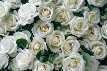 Top view of numerous artificial white roses in blurred background