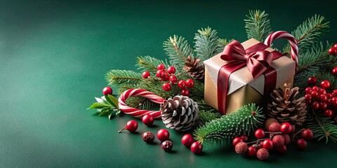 Festive Christmas decorations and gift box on dark green background with holly berries, pine cones