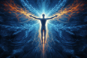 arafed man with arms outstretched in a blue and orange light