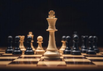 A close-up view of a white king among black pieces on a chessboard during a game