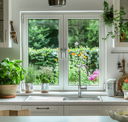 Fototapeta premium there is a kitchen sink with a window and a lot of plants