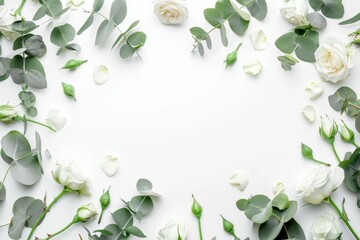 White rose and eucalyptus wreath on white background Flat lay mockup