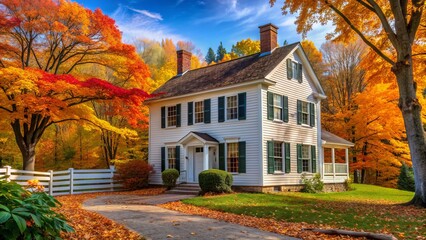 Historic wooden colonial home with white clapboard siding, black shutters, and a central chimney, surrounded by vibrant autumn foliage in rural New England.