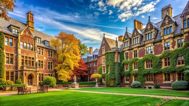 Historic academic buildings with ornate facades and lush greenery surround a bustling quadrangle on a picturesque autumn day at an esteemed Ivy League institution.