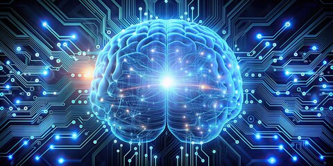 Obraz premium Close-up of a futuristic human brain with glowing circuits and digital interface, futuristic