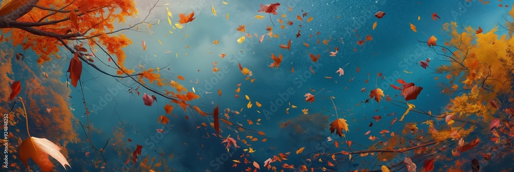 Poster vibrant autumn leaves in varying colors float in serene deep blue waters, creating a tranquil and me