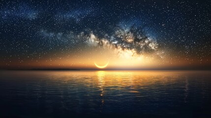 A serene night sky filled with a myriad of brilliant stars, a sliver of a crescent moon, and a tranquil atmosphere with a hint of fog over a calm lake surface