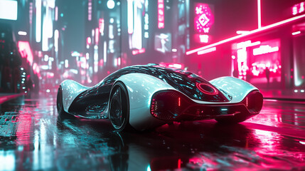 Futuristic Concept Car with Aerodynamic Design in Neon Cityscape