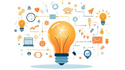 Creative Light Bulb with Business Icons Representing Innovation, Ideas, and Technology in a Modern Digital World