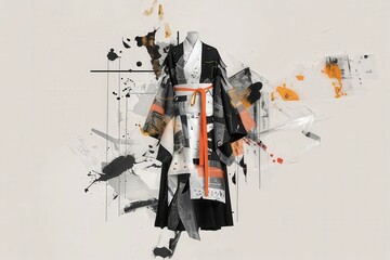 Fototapeta premium A black and orange kimono is displayed on a white background
