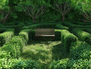 A bench is in the middle of a garden with hedges on either side