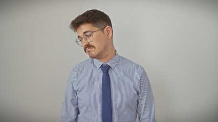 A young hispanic man with a moustache, dressed in a striped shirt and tie, looks pensive against a white background.