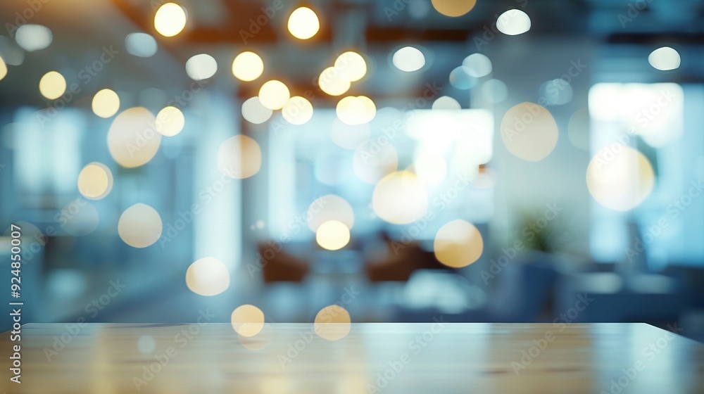 Poster Blurred empty open space office. Abstract light bokeh at office interior background for design,generative ai