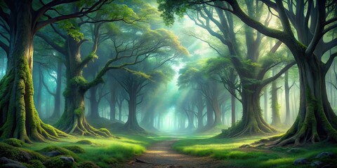 Obraz premium Mystical forest with big trees and foggy atmosphere, magical, enchanting, nature, woodland, ethereal, mysterious, mist, atmospheric
