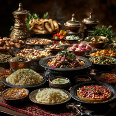 Obraz premium Traditional Arabic cuisine with vibrant dishes.