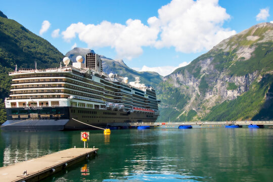 Geiranger, Norway - 29th July 2023: MS Nieuw Statendam cruise ship in the harbour at Geiranger Norway