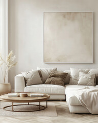 Beige sofa near accent side table against stucco wall with big poster frame. Minimalist interior design of modern living room.