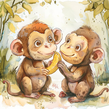 there are two monkeys sitting on the ground eating a banana