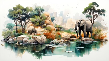 An artistic watercolor illustration of an elephant