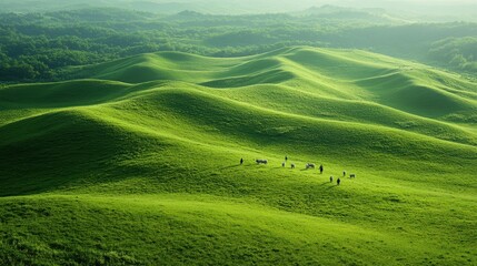 Obraz premium A group of people and cattle are roaming on lush, rolling green hills under a hazy sky, ideal for depicting serene rural life, pastoral landscapes, or promoting eco-tourism,