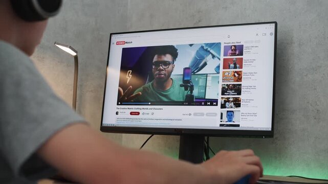 Teenage boy in headphones watches educational blogger video about 3D animation and graphics on personal computer at home. Video sharing platform with content about 3D modeling displayed on PC monitor.