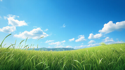 there is a grassy field with a blue sky and clouds