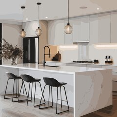 Modern Minimalist Kitchen with White Quartz Island and Contemporary Black Bar Stools