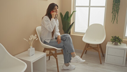 A young, attractive hispanic woman sitting in an indoor waiting room, talking on her cellphone with...