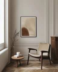 Cozy Armchair in minimalist, scandinavian interior design of modern living room. japandi interior design 