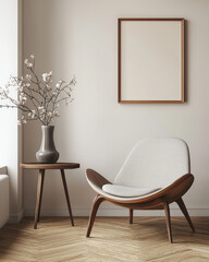 Cozy Armchair in minimalist, scandinavian interior design of modern living room. japandi interior design 