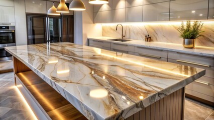 Polished stone countertop with a beautiful veined pattern, illuminated by soft light, against a neutral background, evoking a sense of luxury and sophistication.