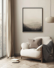 Cozy Armchair in minimalist, scandinavian interior design of modern living room. japandi interior design 