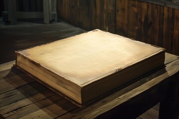 Old worn book with a blank cover is resting on a rustic wooden table, inviting viewers to imagine the stories within