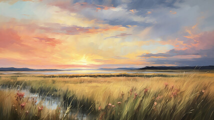 Obraz premium A peaceful bay with sailboats anchored as the sun sets, casting a warm glow on the water and coloring the sky in rich hues