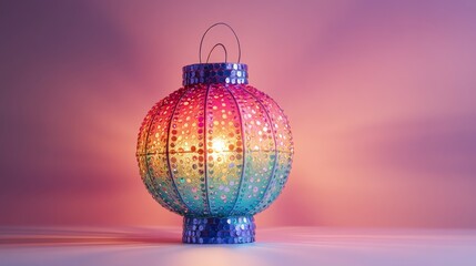 Fototapeta premium Handcrafted paper lantern with multicolored sequins on minimalist pink background. Diwali festival