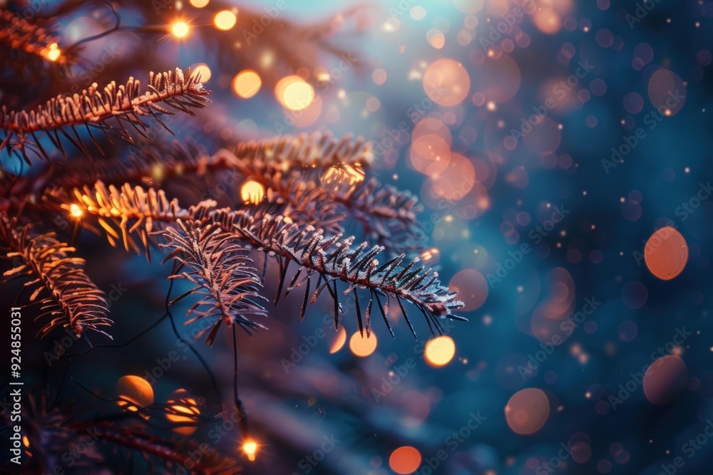 Poster christmas tree branch covered in snow with sparkling lights in background