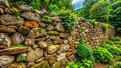 Rustic stone wall constructed from weathered, irregularly-shaped rocks and mortar, with lush greenery sprouting from the cracks, surrounded by a serene natural landscape.