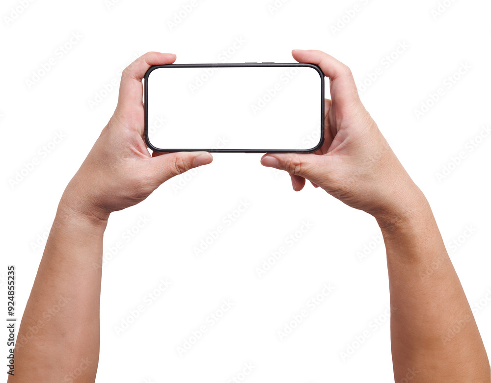 Poster hand is holding a smartphone in horizontal with a thumb touch on screen isolated in white background