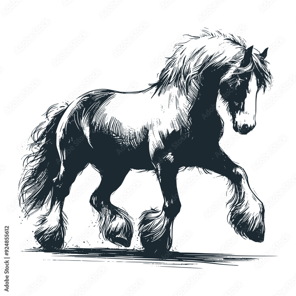 Poster The great stallion horse. Black white vector illustration. 