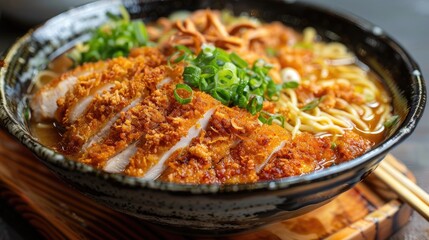 Japanese style chicken ramen with crispy breaded fish